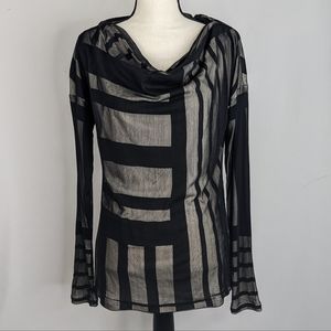 ISABEL DE PERDO Black & White Stripe w Mesh Long Sleeve Cowl Neck Top, Size 8